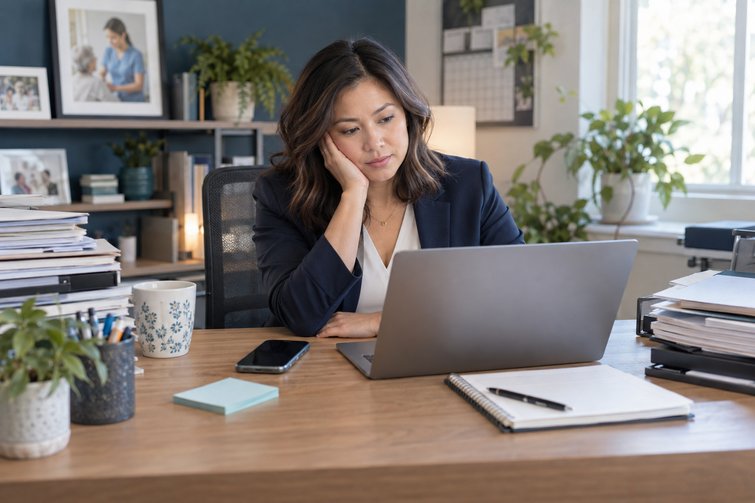 Illustrative agency owner with marketing work waiting amid daily office tasks