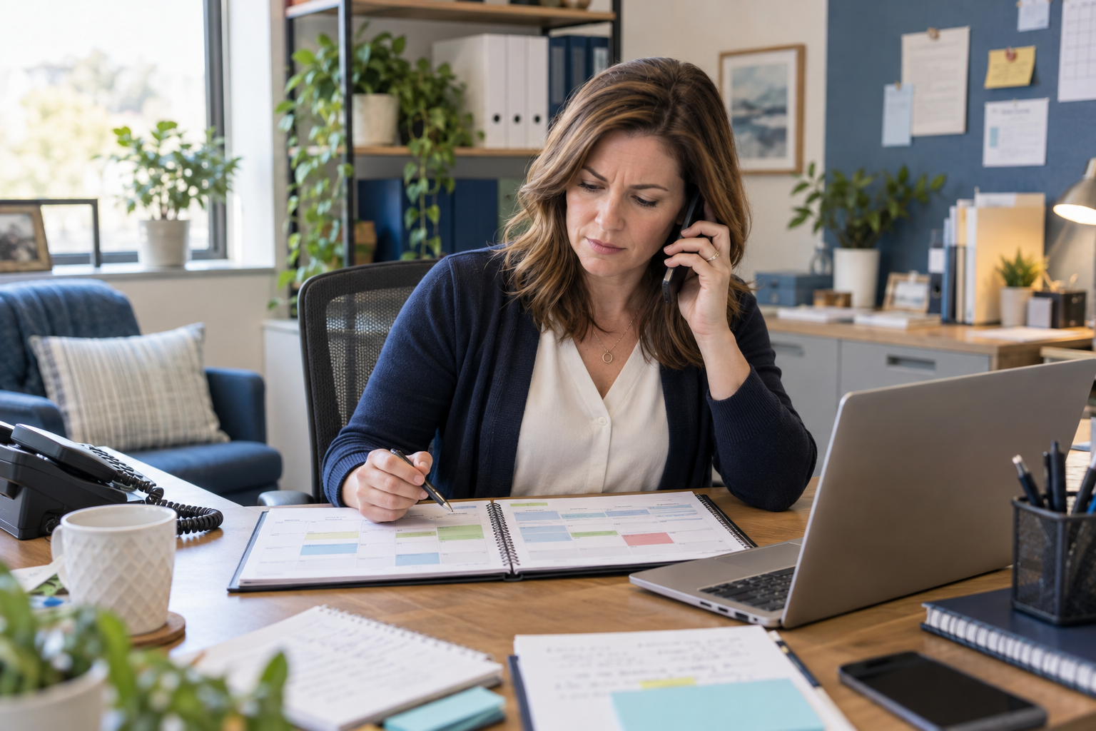 Illustrative office coordinator concerned about shift coverage while taking a phone call