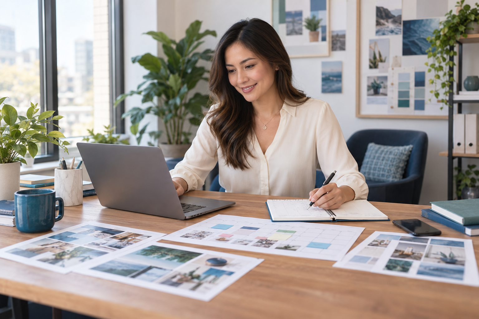 Illustrative marketing professional planning social content at her desk