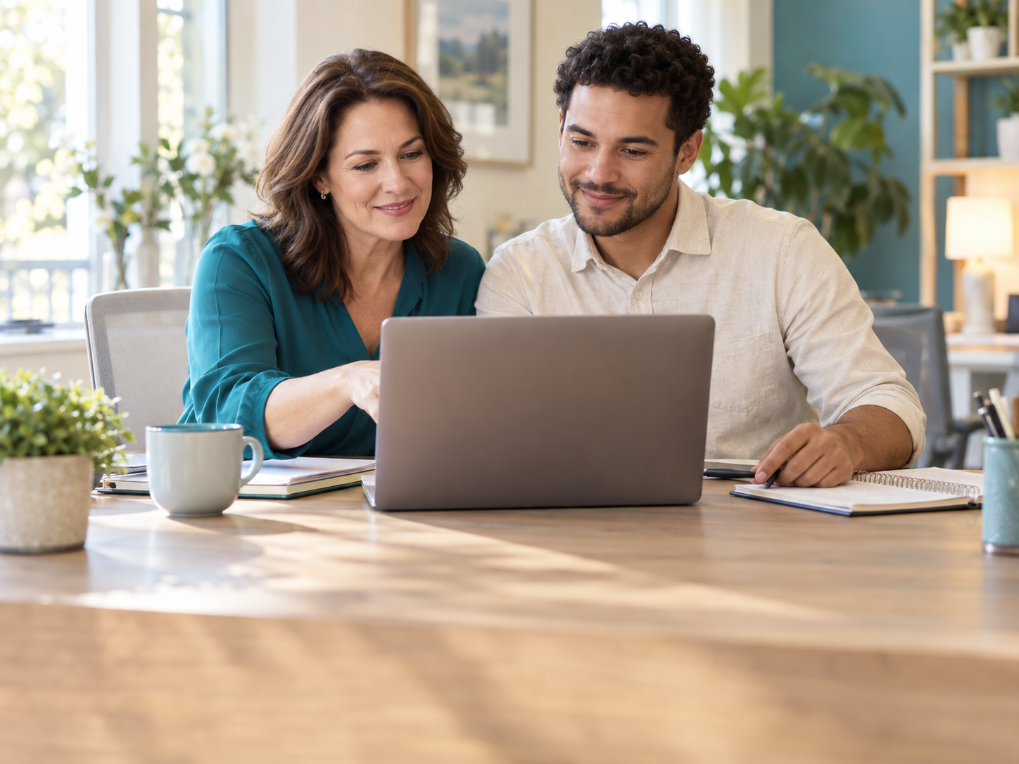 Two home care team members reviewing their work together on a laptop