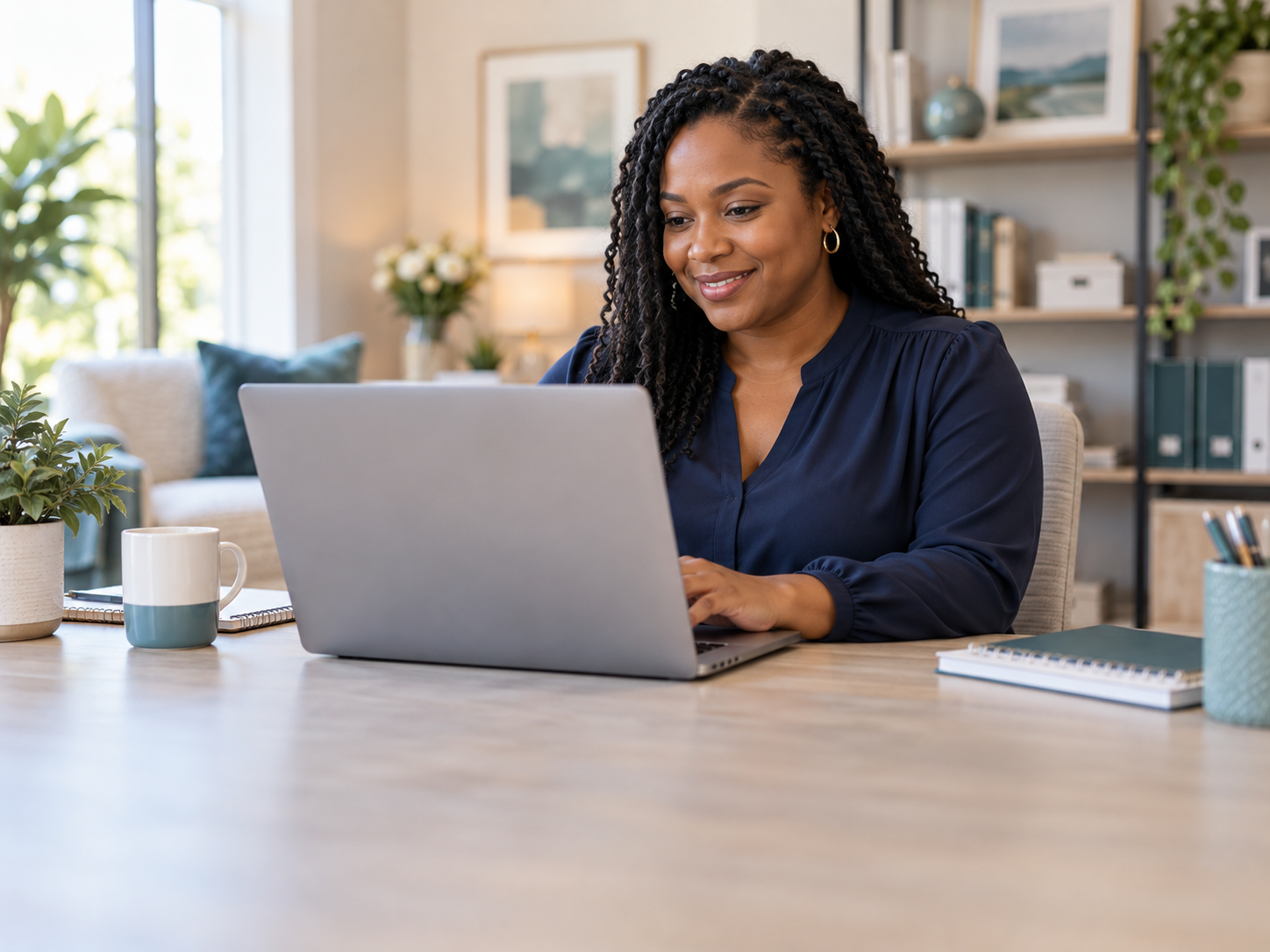Home care coordinator organizing agency work at her laptop