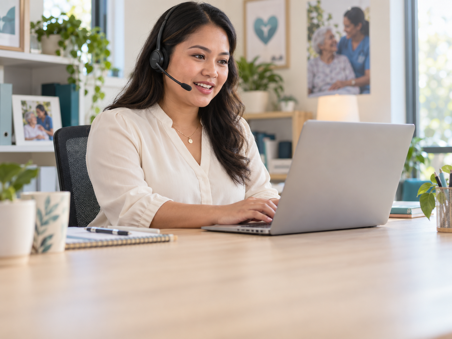 Administrative support professional helping an agency through a headset call