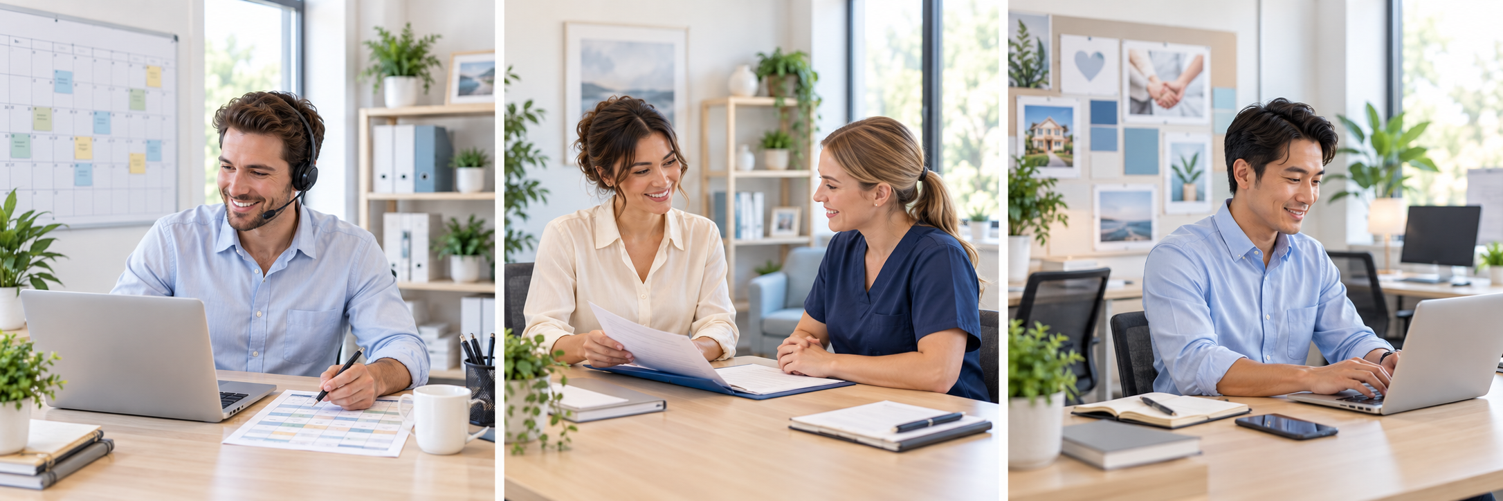 Illustrative scheduling professional organizing shifts at a laptop, with a calendar and planning sheet in a bright office